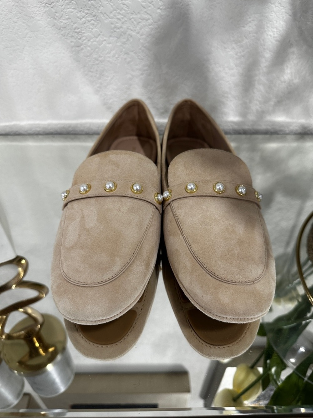 Stuart Weitzman Pearl-Trim Suede Loafers in Beige - Picture 7 of 7